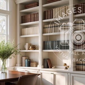 May include: A bright library interior featuring a large window and built-in bookshelves. The shelves are stocked with books of different sizes and hues. A desk with a vase of greenery is positioned in front of the window, creating a welcoming atmosphere.
