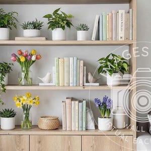 May include: A wooden bookshelf filled with potted plants, books, and vases of flowers. The flowers include tulips, daffodils, and hyacinths. A framed botanical print hangs on the wall.