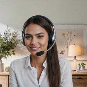 K&ouml;nnte beinhalten: Eine Frau in einem wei&szlig;en Hemd und einem Headset mit Mikrofon. Sie l&auml;chelt und schaut in die Kamera. Der Hintergrund ist eine hellfarbige Wand mit einem Fenster und einem Bild.