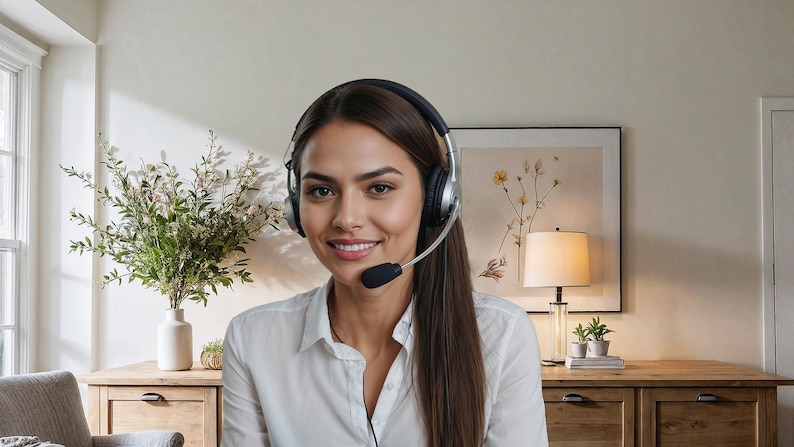 K&ouml;nnte beinhalten: Eine Frau in einem wei&szlig;en Hemd und einem Headset mit Mikrofon. Sie l&auml;chelt und schaut in die Kamera. Der Hintergrund ist eine hellfarbige Wand mit einem Fenster und einem Bild.