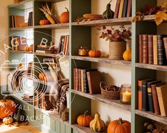 Rustic autumn teal bookshelf background for Zoom meetings, Virtual fall home office backdrop for Teams, Fall Digital Download
