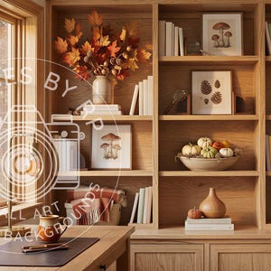 Puede incluir: Una estantería de madera clara con varios estantes llenos de libros, láminas botánicas enmarcadas de setas y hojas, un jarrón con follaje otoñal, calabazas decorativas en un cuenco y una pequeña jarra de cerámica sobre un escritorio.