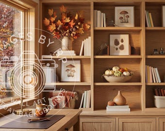 Rustic autumn bookshelf background for Zoom meetings, Virtual fall home office backdrop for Teams, Fall Digital Download