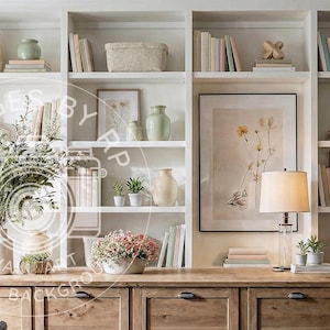 Puede incluir: Una habitación bien iluminada con una estantería blanca empotrada y un mueble de madera. Las estanterías exhiben libros, jarrones, arte enmarcados y cestas decorativas. Una lámpara con una pantalla beige está sobre el mueble. Tema: decoración del hogar.