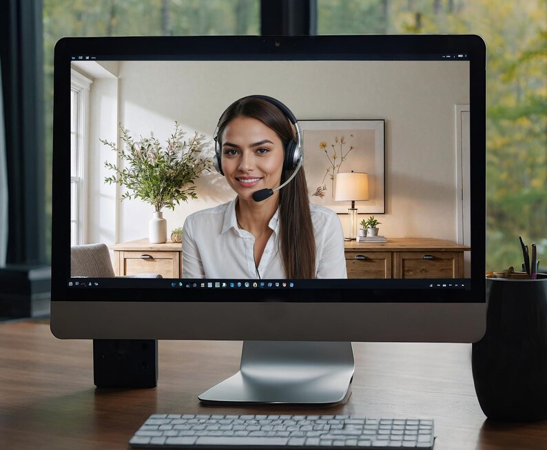 K&ouml;nnte beinhalten: Eine Frau mit Headset f&uuml;hrt ein Video-Telefonat auf einem Computermonitor. Der Monitor steht auf einem Schreibtisch mit einer Tastatur und einem schwarzen Lautsprecher.