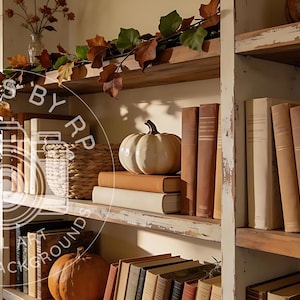 May include: A white wooden bookshelf featuring multiple shelves filled with rows of books in neutral tones, including beige, brown, and cream. Decorative elements include orange and white pumpkins and a garland of autumn leaves draped across the shelves.