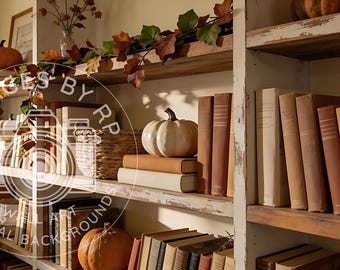 Rustic autumn bookshelf background for Zoom meetings, Virtual fall home office backdrop for Teams, Fall Digital Download