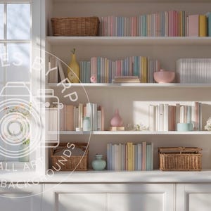 May include: A white bookcase with multiple shelves filled with colourful books. The shelves are decorated with vases, a teapot, and a wicker basket. The bookcase is in front of a window with a view of a building.