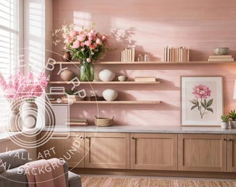 Pink home office background for Zoom meetings, Virtual bookcase wildflower backdrop, Digital Download
