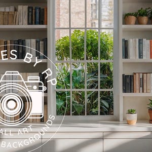 Puede incluir: Una estantería blanca con tres estantes llenos de libros. La estantería está junto a una ventana con plantas verdes y un marco de ventana blanco. La estantería también está junto a una pared blanca con moldura blanca. Hay un logotipo blanco con el texto "IMAGES BY RP VIRTUAL WALL ART BACKGROUNDS" en primer plano.