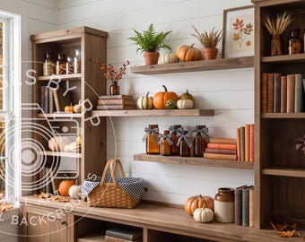 Rustic autumn bookshelf background for Zoom meetings, Virtual fall home office backdrop for Teams, Fall Digital Download
