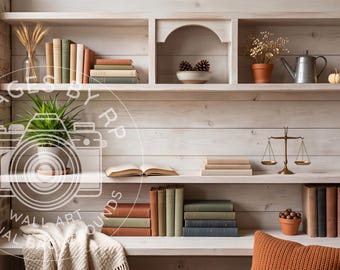 Rustic autumn bookshelf background for Zoom meetings, Virtual fall home office backdrop for Teams, Fall Digital Download