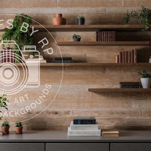 May include: A wooden wall with four shelves holding books, plants, and decorative items. The shelves are made of light brown wood and are mounted on a wall that is made of light brown wood planks. There is a gray countertop below the shelves with a few potted plants on it.