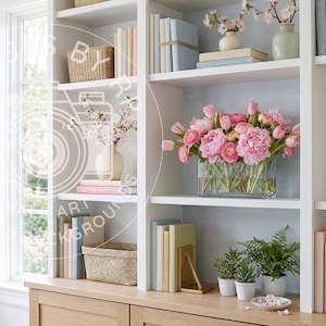 Peut inclure: Une bibliothèque lumineuse ornée d'objets décoratifs. Elle présente des œuvres encadrées, des livres, des vases fleuris et de petites plantes. La palette de couleurs comprend du blanc, du bleu clair, du rose et des tons de bois naturels, créant une atmosphère sereine.