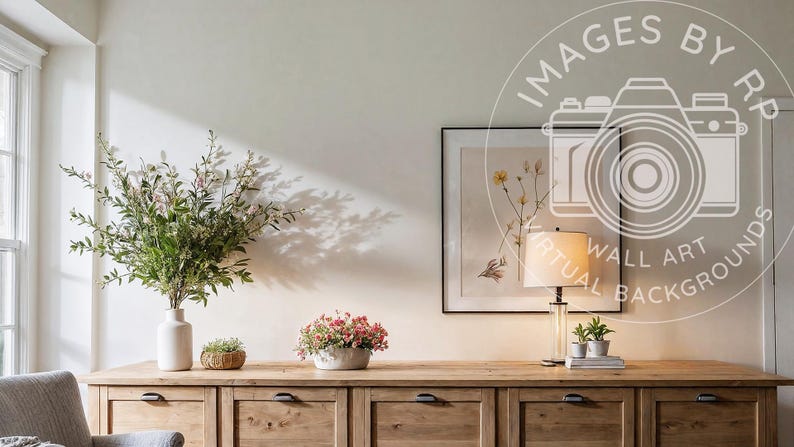 K&ouml;nnte beinhalten: Ein Holzschr&auml;nkchen mit sechs Schubladen in heller Holzoptik. Der Schrank ist mit einer Vase mit gr&uuml;nen Pflanzen, einer Topfpflanze mit rosa Bl&uuml;ten und einer Lampe mit wei&szlig;em Lampenschirm dekoriert. Ein gerahmtes botanisches Druckbild h&auml;ngt &uuml;ber dem Schrank.