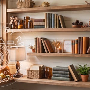 Könnte beinhalten: Ein Holzregal mit Buchreihen, bernsteinfarbenen Gläsern, geflochtenen Körben, Topfpflanzen und einer Tischlampe. Eine Ansammlung von Kürbissen und Herbstblättern liegt auf dem Fensterbrett neben der Lampe und bildet ein saisonales Arrangement.