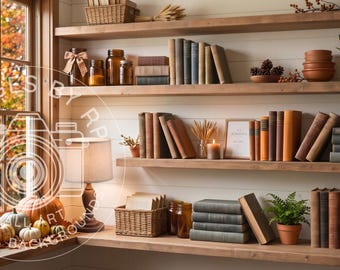 Rustic autumn bookshelf background for Zoom meetings, Virtual fall home office backdrop for Teams, Fall Digital Download