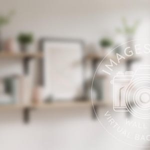 May include: A blurred image featuring wooden shelves with black brackets, holding decorative items such as plants, books, and framed art. The background is a soft, neutral tone, creating a minimalist aesthetic. The image has a watermark that says "IMAGES BY RP VIRTUAL WALL ART BACKGROUNDS".