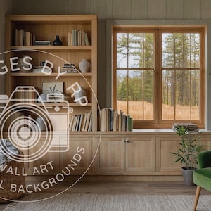 Op de afbeelding: Een gezellige interieurscène met een houten boekenkast vol boeken en decoratieve items. Een groene fauteuil staat bij een raam met uitzicht op een bos. Een gevlochten mand en een ingelijste boomprint dragen bij aan de esthetiek van de kamer. De tekst "IMAGES BY RP VIRTUAL WALL ART BACKGROUNDS" is over de afbeelding geplaatst.