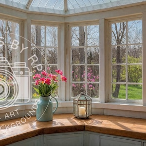Spring garden window background for Teams meetings, Virtual office backdrop, Minimalist background for Zoom, Rustic office for telecommuters