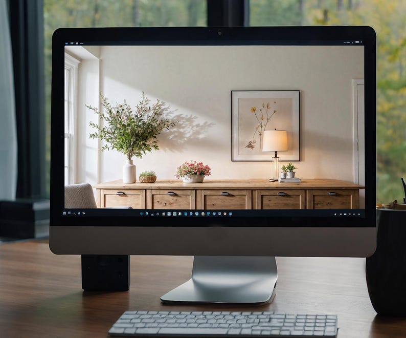 K&ouml;nnte beinhalten: Ein Computermonitor zeigt ein Foto eines Wohnzimmers mit einer Kommode aus Holz, einer Lampe und einem gerahmten Druck. Die Kommode hat sechs Schubladen und ist aus hellem Holz. Die Lampe steht auf einem Tisch neben der Kommode und hat einen wei&szlig;en Schirm. Der gerahmte Druck h&auml;ngt an der Wand &uuml;ber der Kommode und hat einen schwarzen Rahmen. Der Raum ist wei&szlig; gestrichen und hat ein gro&szlig;es Fenster.