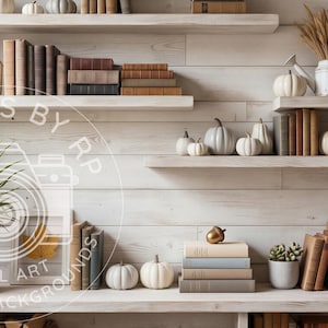 May include: A series of white wooden shelves mounted on a white shiplap wall, featuring various books, small white pumpkins, a potted green plant, a white watering can with dried foliage, and a small framed print of a fern leaf.