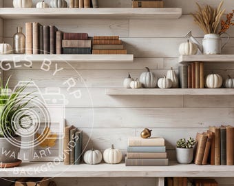 Rustic autumn bookshelf background for Zoom meetings, Virtual fall home office backdrop for Teams, Fall Digital Download