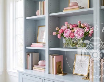 Spring home office background for Zoom meetings, Virtual bookcase wildflower backdrop, Digital Download