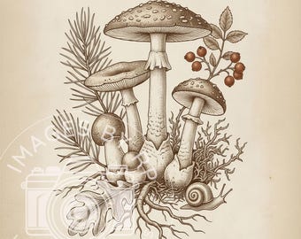 Cottagecore Mushroom Art, Neutral Decor, Rustic Fungi Field Study, Vintage Botanical Printable Fall Digital Download