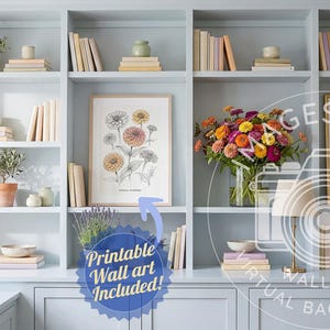 May include: A light blue built-in bookshelf featuring multiple shelves filled with books, potted plants, a bouquet of colourful flowers, a small lamp, and two framed botanical prints. One print displays floral illustrations with the text ZINNIA FLOWER.