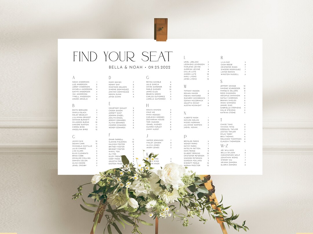 Minimalist Seating Chart 36x24 Large Wedding Seating Chart Alphabetical