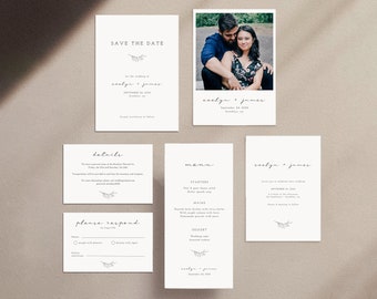 Minimalist Wedding Invitation + Menu Suite | 5 Item Bundle (Save the Date, Invite, RSVP, Details, Menu) | Printable Wedding Suite | Evelyn