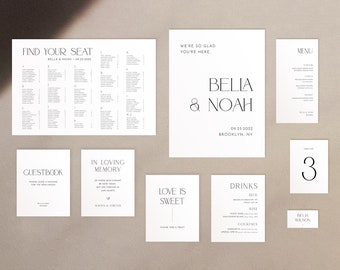 Suite minimalista de señalización de bodas / Paquete de 9 artículos (señal de bienvenida, tabla de asientos, menús, letrero de libro de visitas, etc.) / Señalización imprimible / Bella