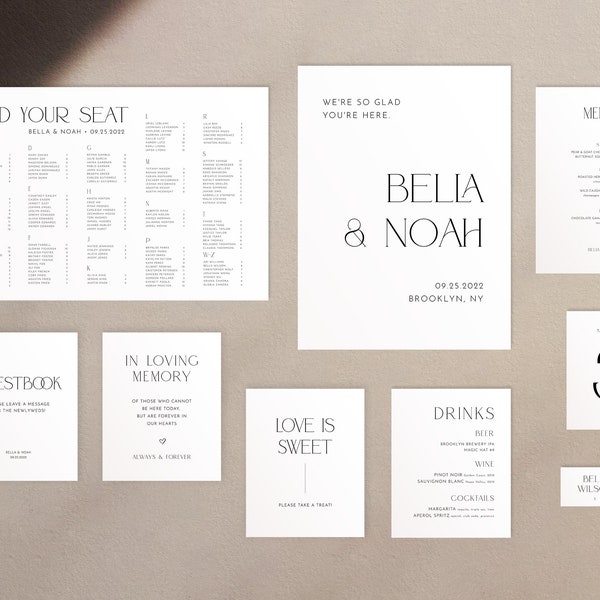 table place setting cards template Minimalist Wedding Signage Suite | 9 Item Bundle (Welcome Sign, Seating Chart, Menus, Guestbook Sign, etc.) | Printable Signage | Bella