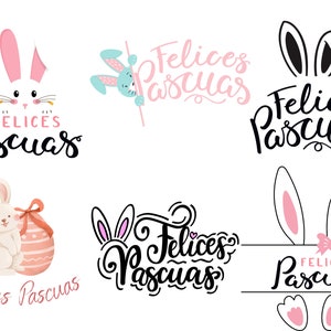 May include: A set of six digital illustrations featuring Easter bunnies and the text "Felices Pascuas" in Spanish, which translates to "Happy Easter".