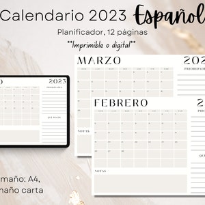 Planificador mensual 2023, Agenda en español, Spanish planner, Printable planner, Spanish Agenda, Dated Calendar Pages, Agenda imprimible