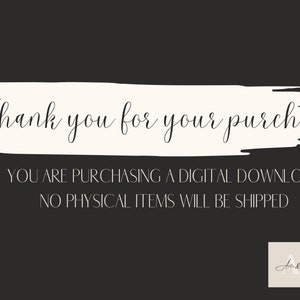 May include: White text on a black background with a white paint stroke behind the text. The text reads "Thank you for your purchase. You are purchasing a digital download. No physical items will be shipped."  The text "Arts & Drafts" is in a white rectangle with a beige background.