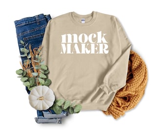 Gildan 18000 Mockup Sand, Gildan Sweatshirt Mockup Flatlay, Gildan Flat Lay, Mockup Gildan 18000 Sand, Jesienny Sweatshirt Mockup, Mock Maker