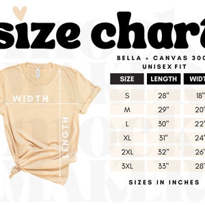 Ready to Use Bella Canvas 3001 Size Chart Unisex, Size Chart Bella 3001, Bella Canvas Size Chart, 3001 Size Chart, Tshirt Size Chart
