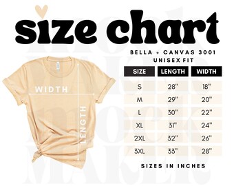 Ready to Use Bella Canvas 3001 Size Chart Unisex, Size Chart Bella 3001, Bella Canvas Size Chart, 3001 Size Chart, Tshirt Size Chart