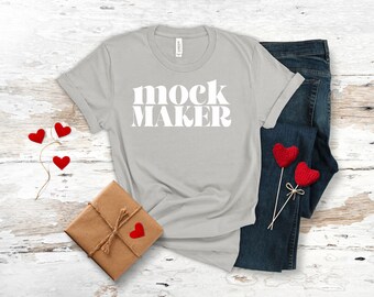 Silver Valentines Day Tshirt Mockup, Valentines Day Flat Lay, Valentine Tshirt Mockup, Silver Bella Canvas 3001 Mockup, Silver Shirt Mockup