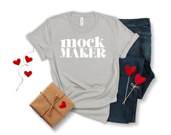 Silver Valentines Day Tshirt Mockup, Valentines Day Flat Lay, Valentine Tshirt Mockup, Silver Bella Canvas 3001 Mockup, Silver Shirt Mockup