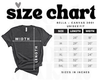 Ready to Use Bella Canvas 3001 Size Chart Unisex, Size Chart Bella 3001, Bella Canvas Size Chart, 3001 Size Chart, Tshirt Size Chart
