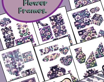 Digital Purple Flower Scrapbook Embellishments, Photo Matting, Photo Scrapbook Frames.