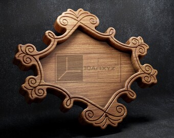 May include: A wooden frame with intricate carvings, featuring a diamond-shaped center. The frame is a rich brown color and has a rustic, antique look.