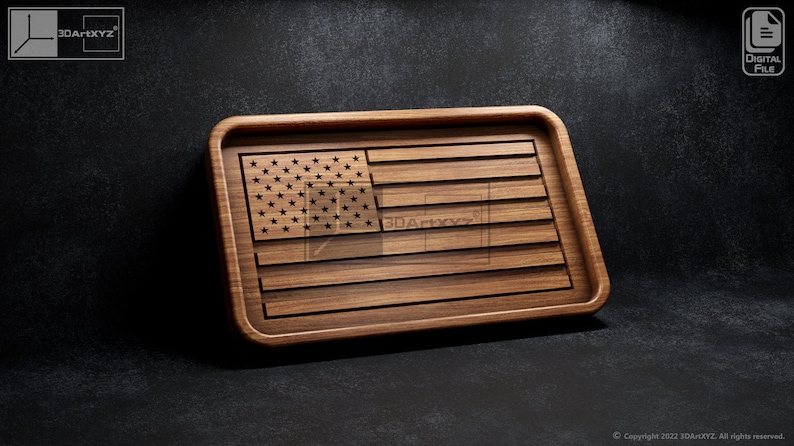 May include: A wooden tray with an American flag design carved into the surface. The tray is made of dark wood and has a rectangular shape.