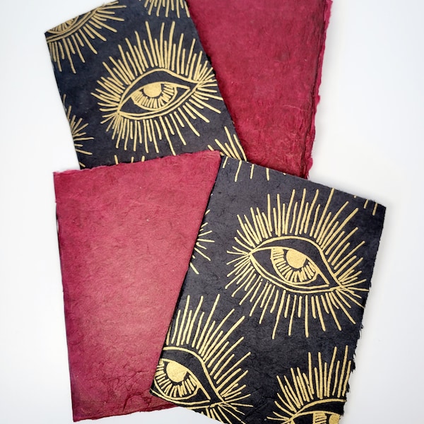 Softcover Handmade Blank 4-Pack Notebooks. Lokta Covers, Cotton Rag Deckled Edged Hand-Torn Paper. Gold Metallic Eyes.