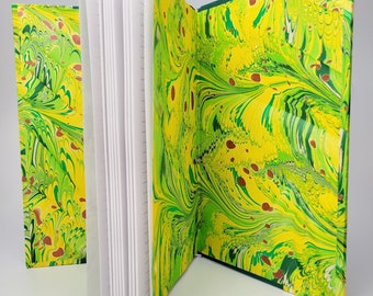 Hand Bound Marbled Hardcover Journal. Handmade Lined Hardcover Notebook. Hand-Marbled Paper Covers and Endpapers; Green, Yellow, Copper.