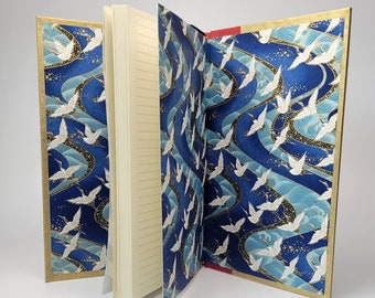 Handmade Lined Journal: Metallic Gold Lokta Cover, Crane Chiyogami Endpapers