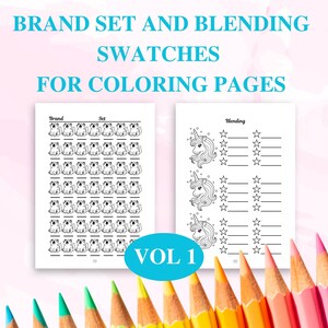 May include: Black and white printable coloring pages featuring a set of brand swatches and a unicorn with stars. The title of the pages is "Brand Set and Blending Swatches for Coloring Pages Vol 1".